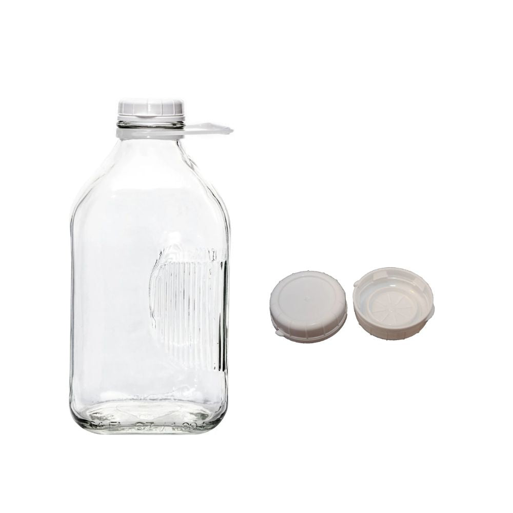 2 Pack Heavy Glass Milk Bottles 2 Quart (64 Oz) Jugs; Extra Lids & Pour Spouts!